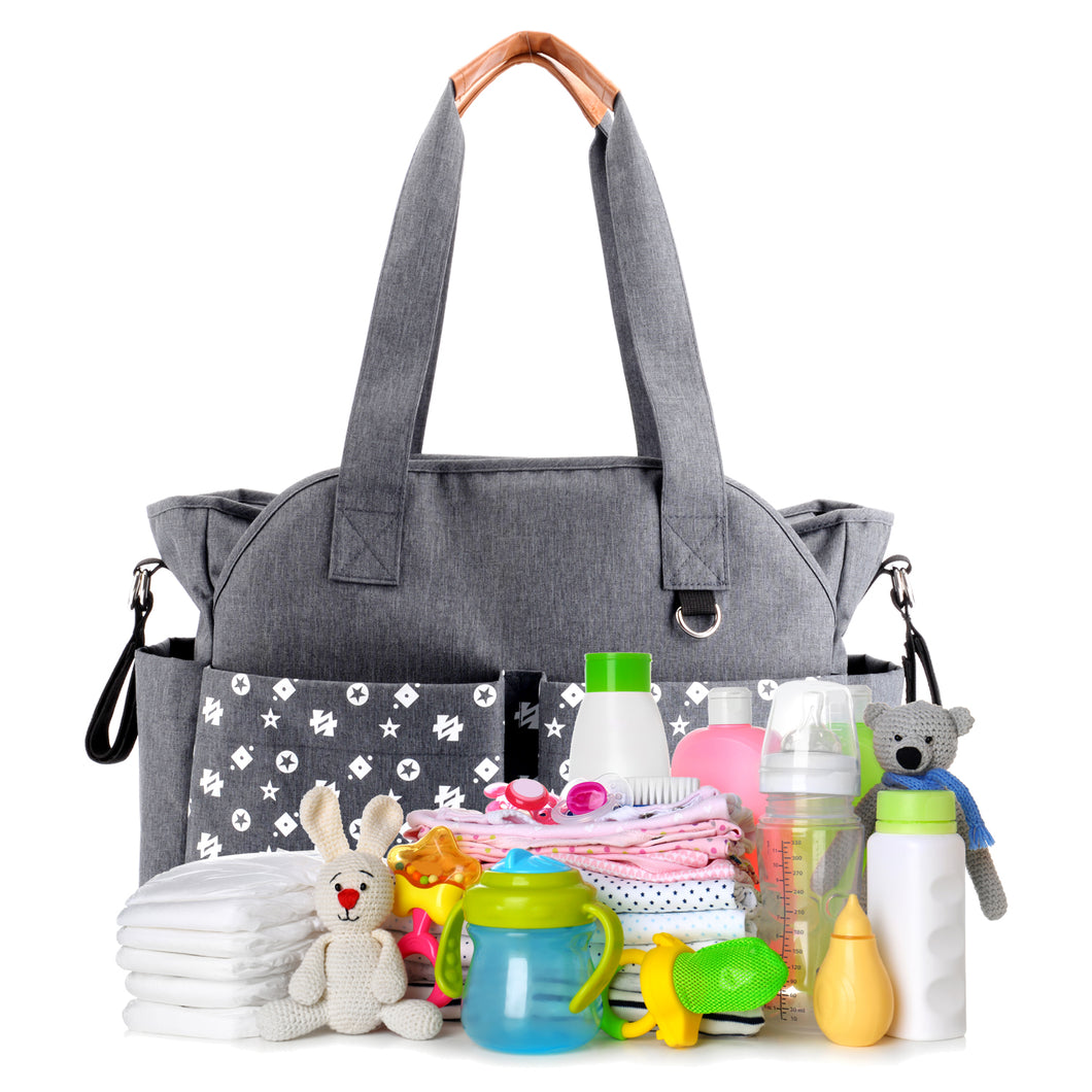 Diaper Tote Bag, Baby Nappy Changing Bag Messenger Bag with Large Space, Shoulder Straps & Stroller Straps for All Baby Accessories (Grey)