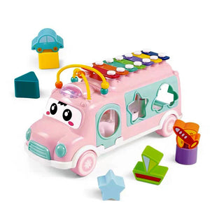 Baby Toy Musical School Bus,Knocking Piano Car with Shape Puzzles,Sensory Toys for Toddlers 1-3,Educational Learning Gift for Girls and Boys