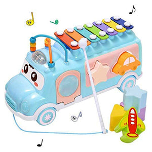 Baby Toy Musical School Bus,Knocking Piano Car with Shape Puzzles,Sensory Toys for Toddlers 1-3,Educational Learning Gift for Girls and Boys