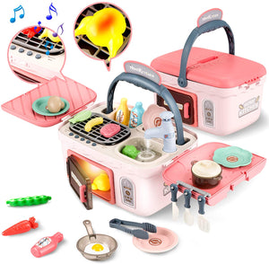 Kids Picnic Toy Kitchen PlaySet, Portable Pinic Basket Toys with Musics  Lights, Color Changing Play Foods, Fun with Friends Toy Kitchen Sets Gift for Kids Boys Girls